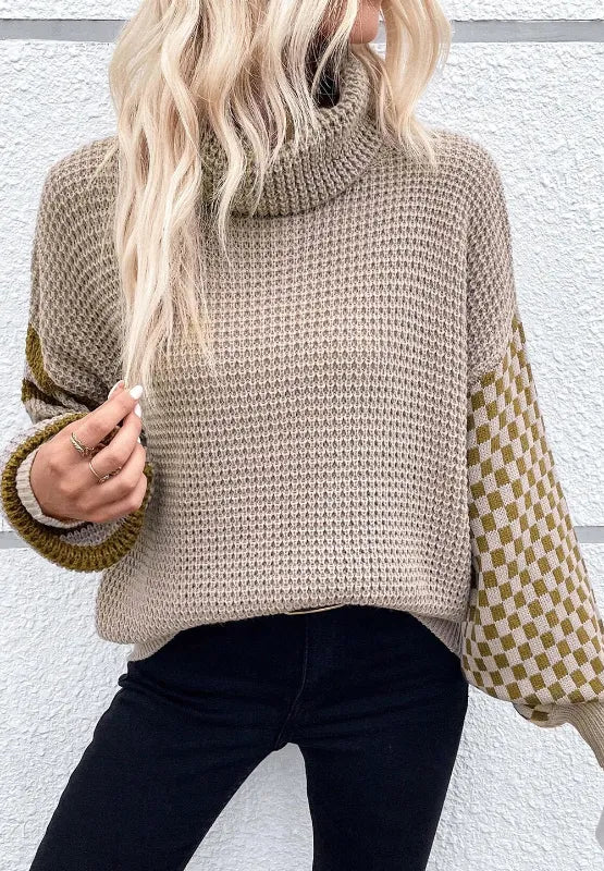 Beige and olive green checkered turtleneck sweater with textured knit
