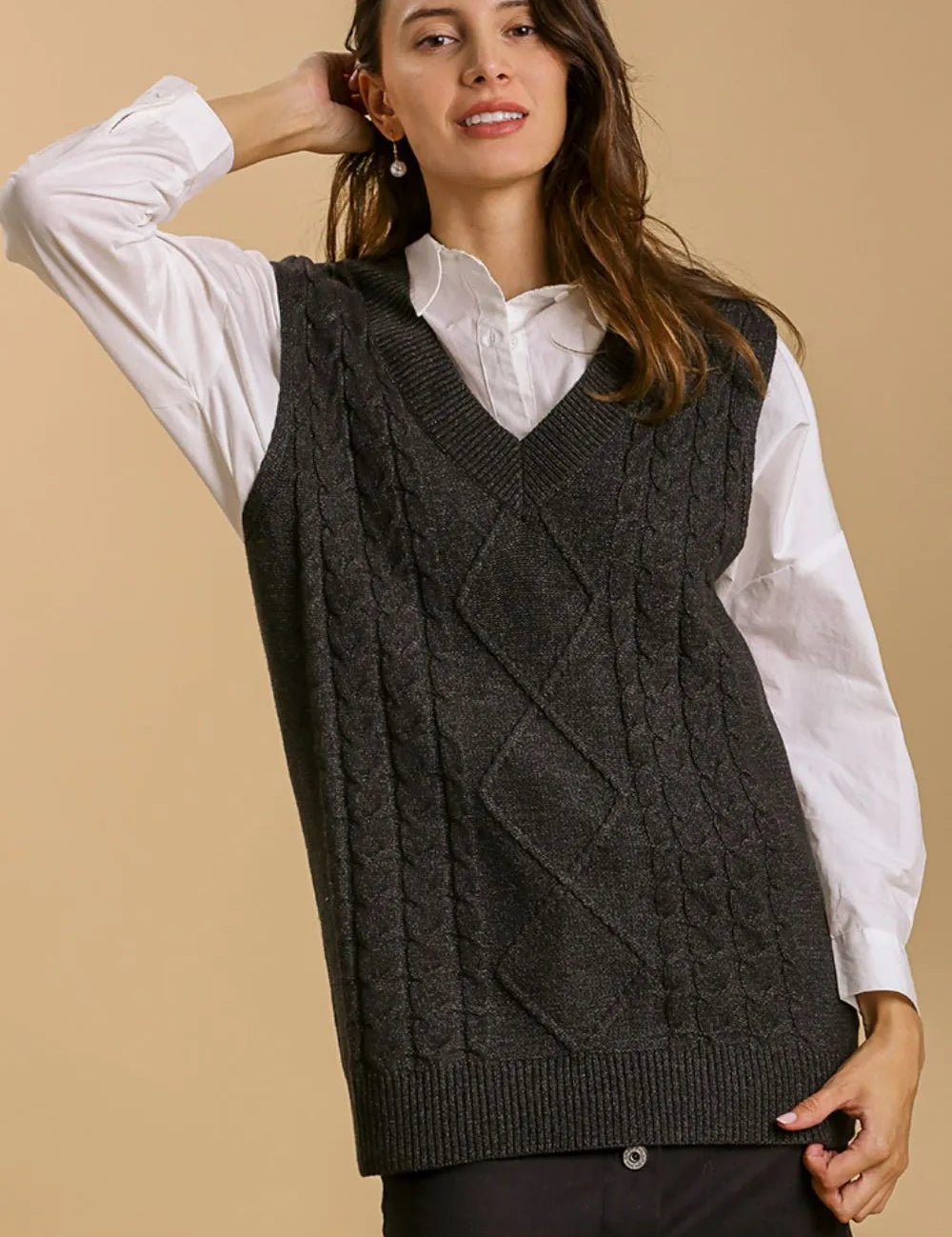 Black Umgee Full Size Cable V-Neck Vest Sweater Plus Size | Sweater Vests Daverri Fashions