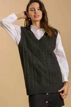 Umgee Full Size Cable V-Neck Vest Sweater Plus Size - DAVERRI FASHIONS