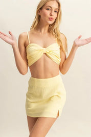 HYFVE Yellow Ruched Bra Top and Mini Skirt Set | Outfit Sets Daverri Fashions