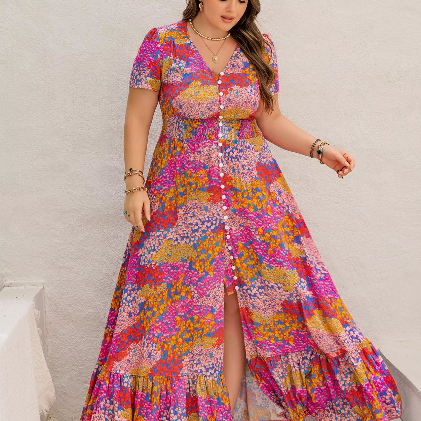 Deep Rose Plus Size Printed V-Neck Short Sleeve Maxi Dress | Maxi Dresses Daverri Fashions