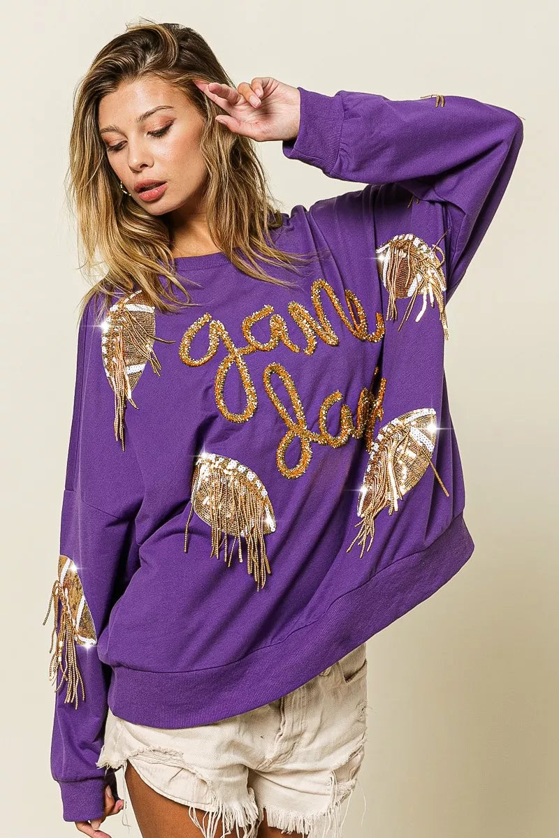 BiBi Sequin Football Patches Game Day Sweatshirt | Sweatshirts Daverri Fashions