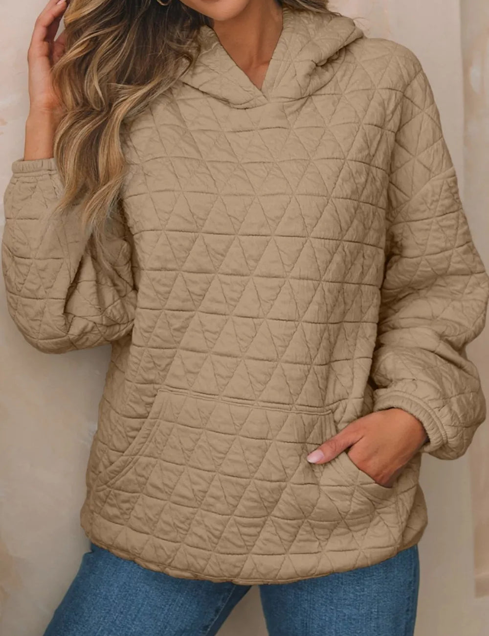 Camel Textured Long Sleeve Hoodie with Pockets | Hoodies Daverri Fashions