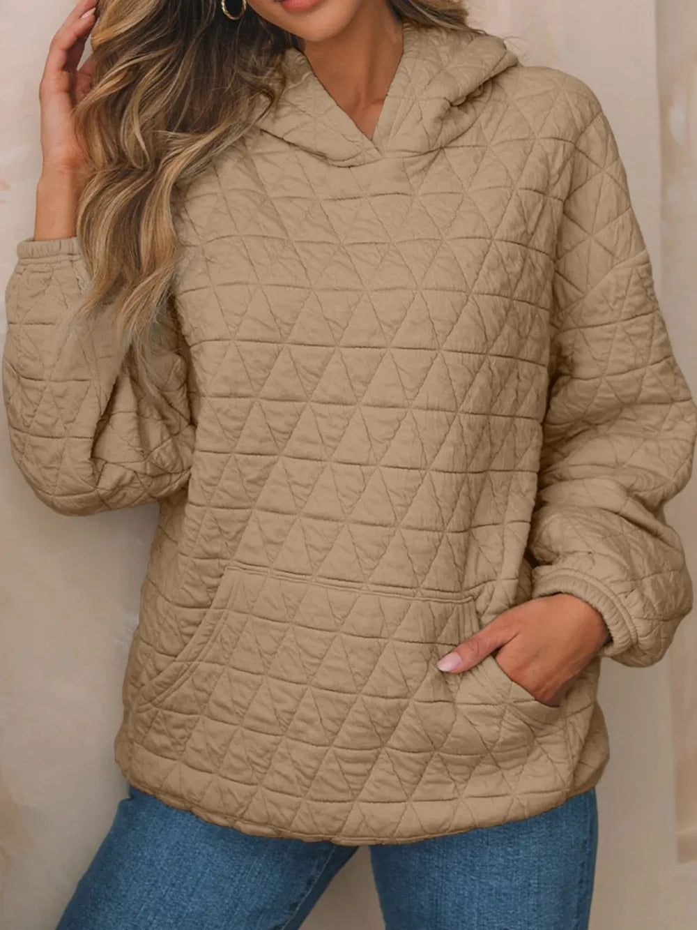 Camel Textured Long Sleeve Hoodie with Pockets | Hoodies Daverri Fashions