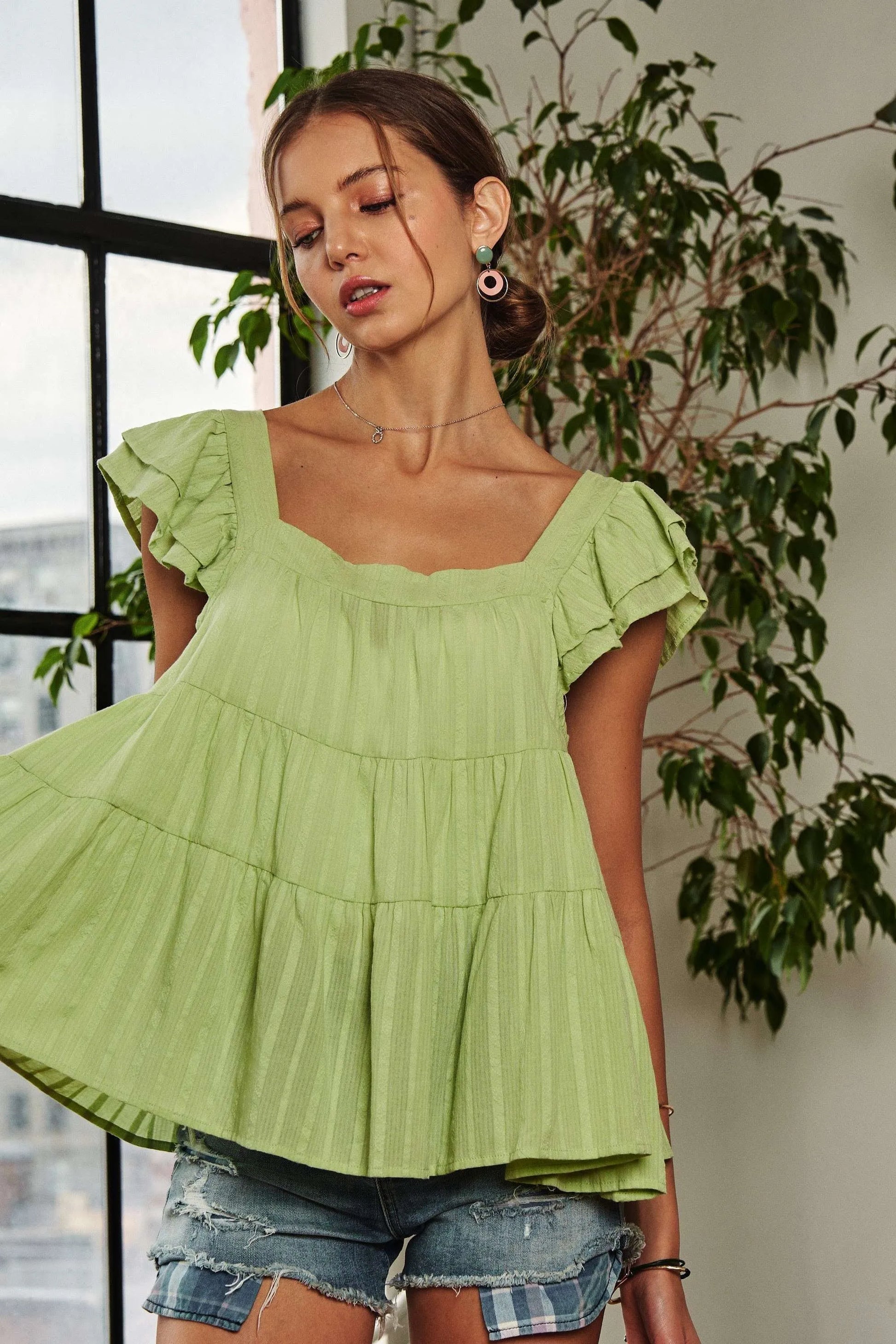 ADORA Ruffle Sleeve Babydoll Tunic Top Tops