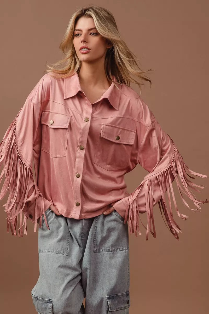 BiBi Suede Fringe Long Sleeve Jacket | Jackets Daverri Fashions
