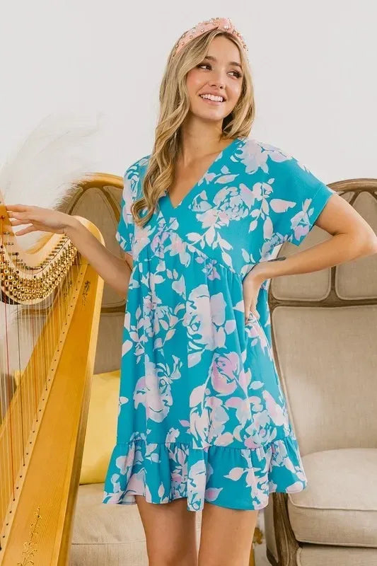 BiBi Floral Crinkle Shirred Ruffle Detail V Neck Dress - DAVERRI FASHIONS