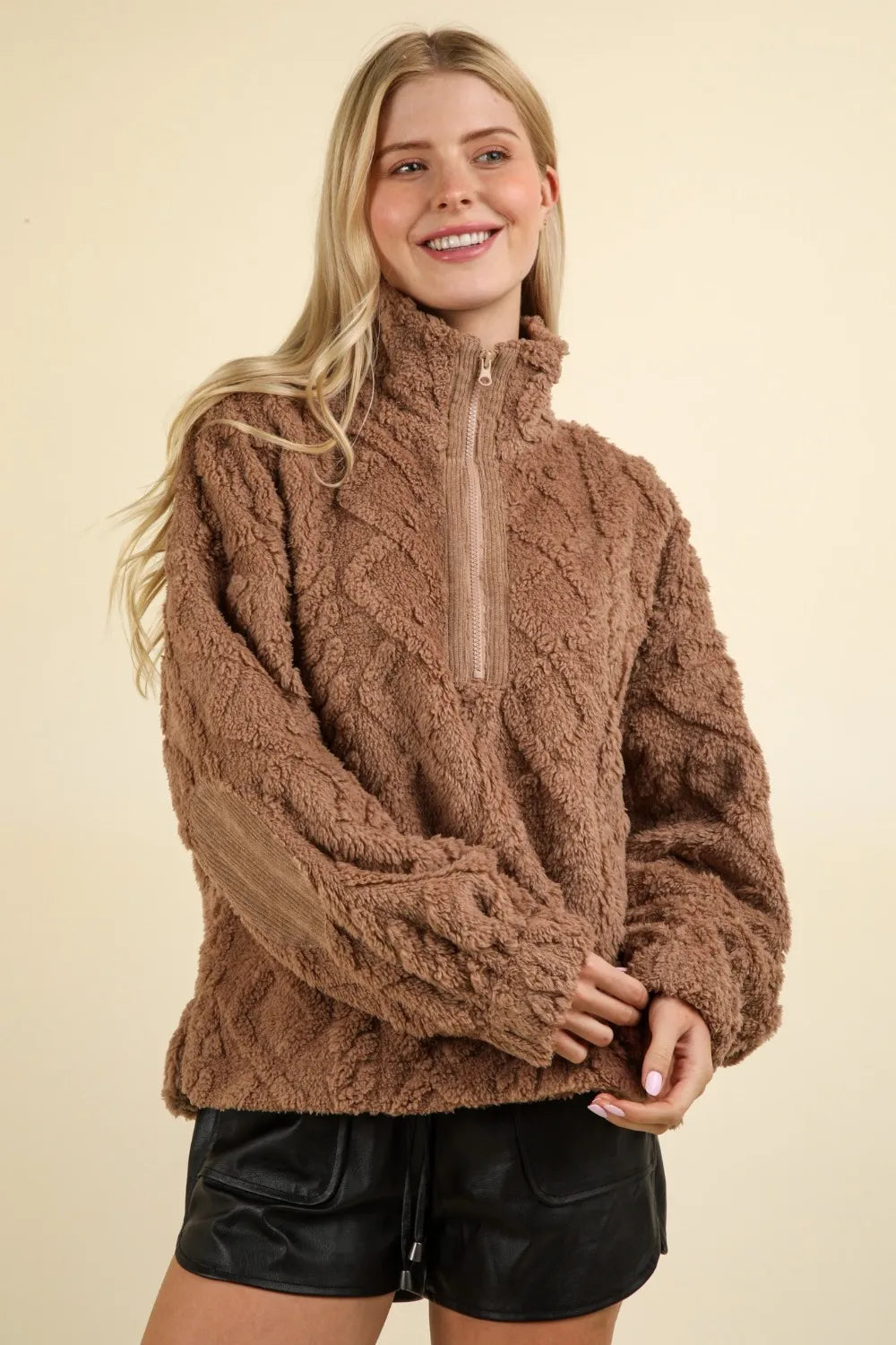 VERY J Fuzzy Fleece Half Zip Cable Pattern Sweatshirt Mocha