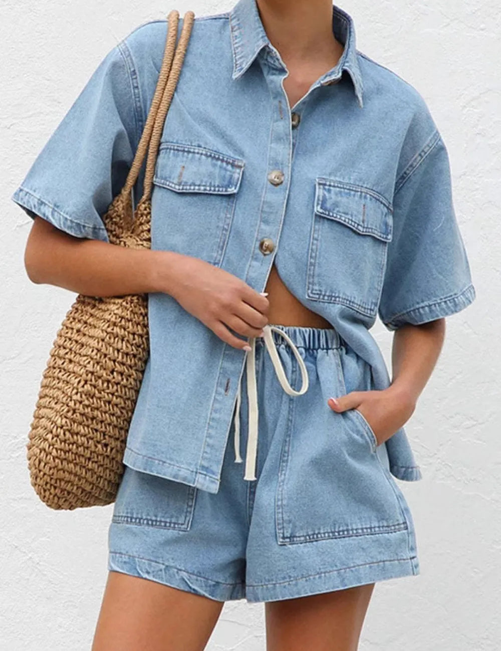 Collared Neck Button Up Top and Shorts Denim Set | Outfit Sets Daverri Fashions