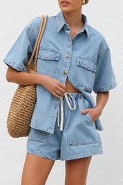 Collared Neck Button Up Top and Shorts Denim Set | Outfit Sets Daverri Fashions
