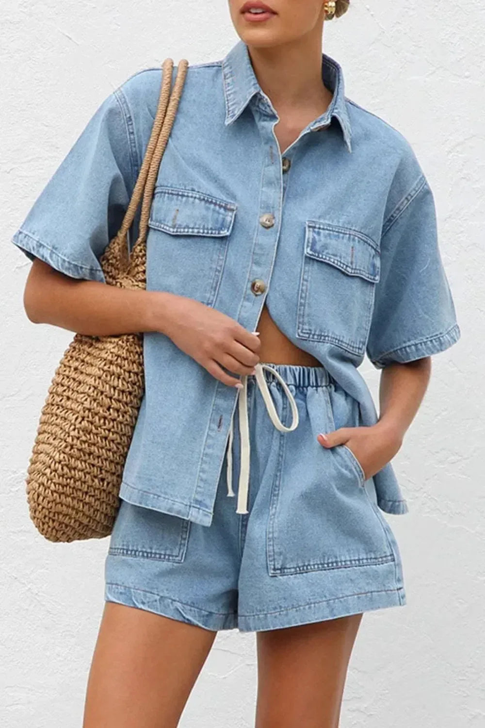 Collared Neck Button Up Top and Shorts Denim Set - DAVERRI FASHIONS