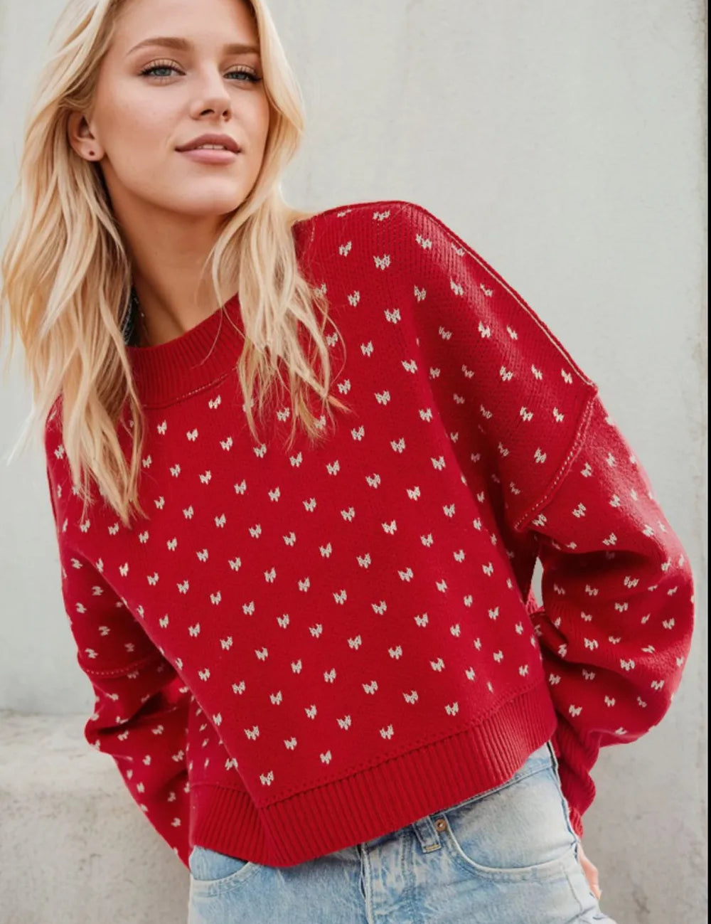 Deep Red Slit Round Neck Long Sleeve Sweater | Sweaters Daverri Fashions