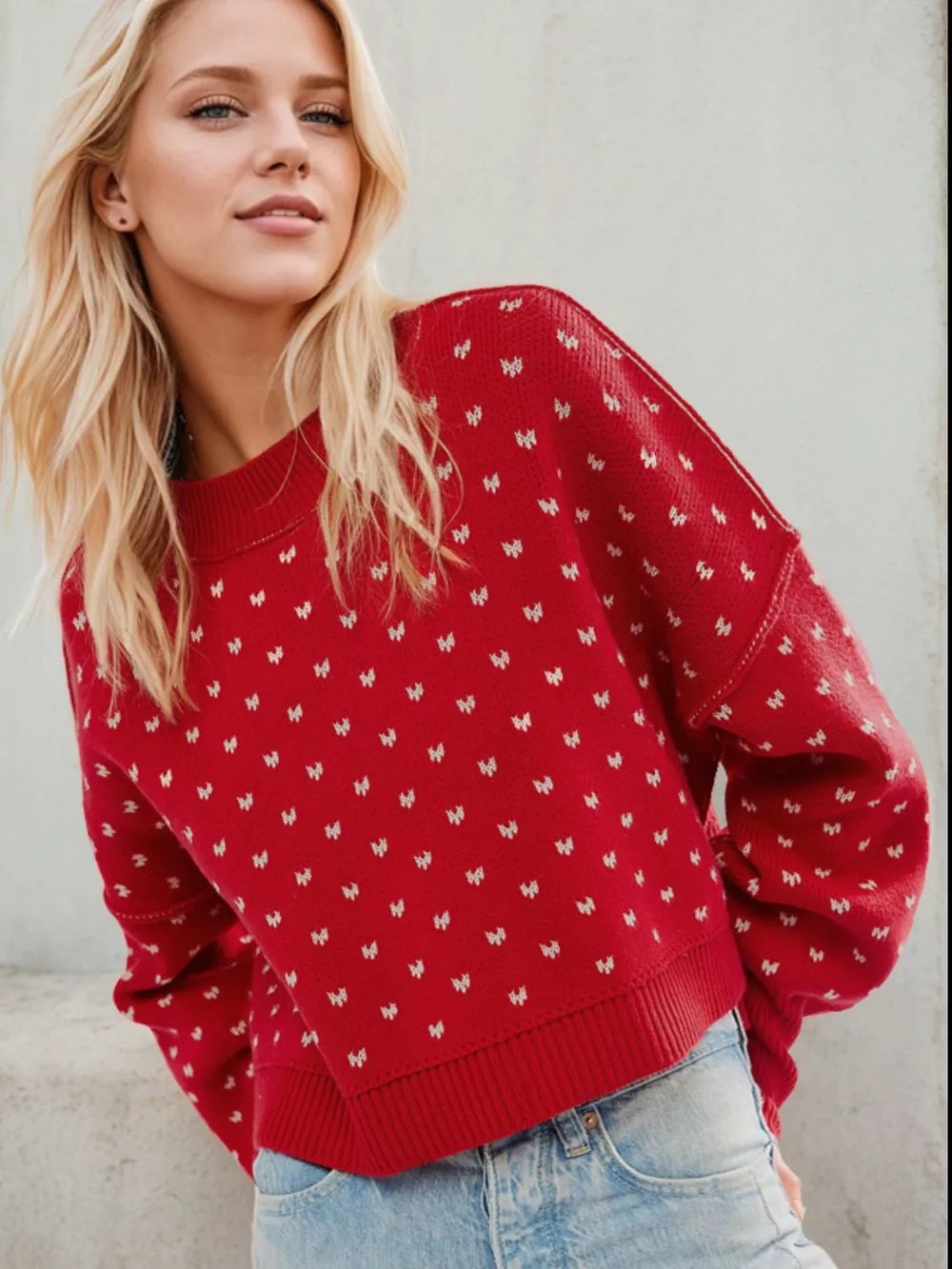 Deep Red Slit Round Neck Long Sleeve Sweater | Sweaters Daverri Fashions