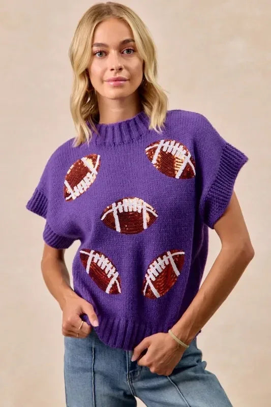 BiBi Gameday Sequin Football Patches Rib Banded Sweater - DAVERRI FASHIONS