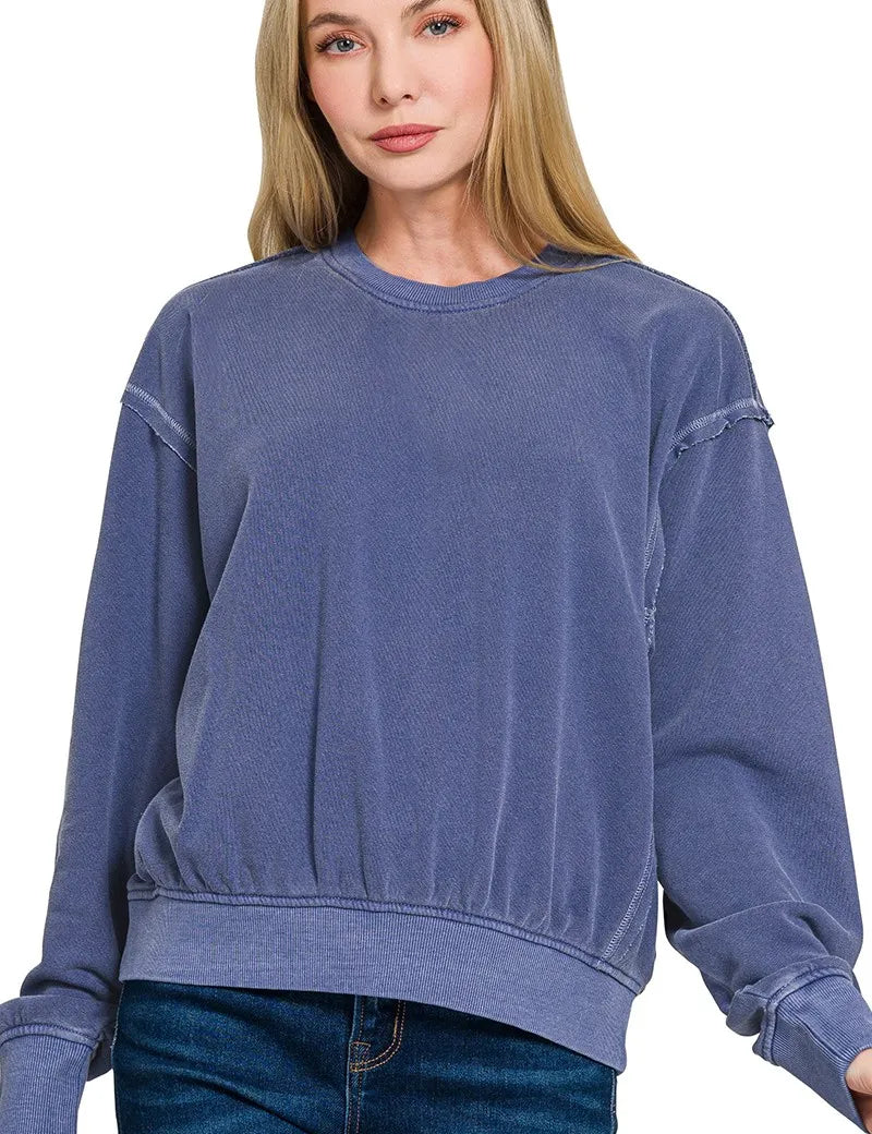 LT NAVY Zenana Soft Fleece Pigment Dye Round Neck Pullover | Tops Daverri Fashions