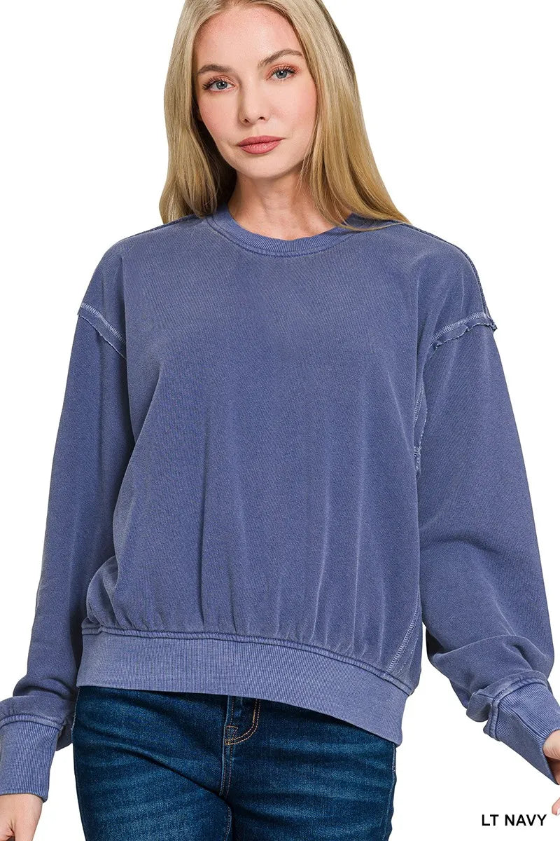 LT NAVY Zenana Soft Fleece Pigment Dye Round Neck Pullover | Tops Daverri Fashions