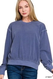 LT NAVY Zenana Soft Fleece Pigment Dye Round Neck Pullover | Tops Daverri Fashions