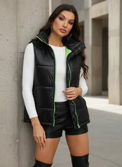 Black Zip-Up Collared Puffer Vest with Green Accents and Zipper Details