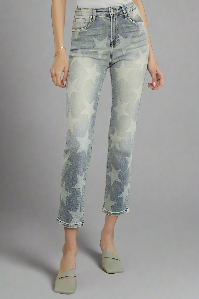 Insane Gene High Rise Star Print Cropped Girlfriend Jeans Jeans