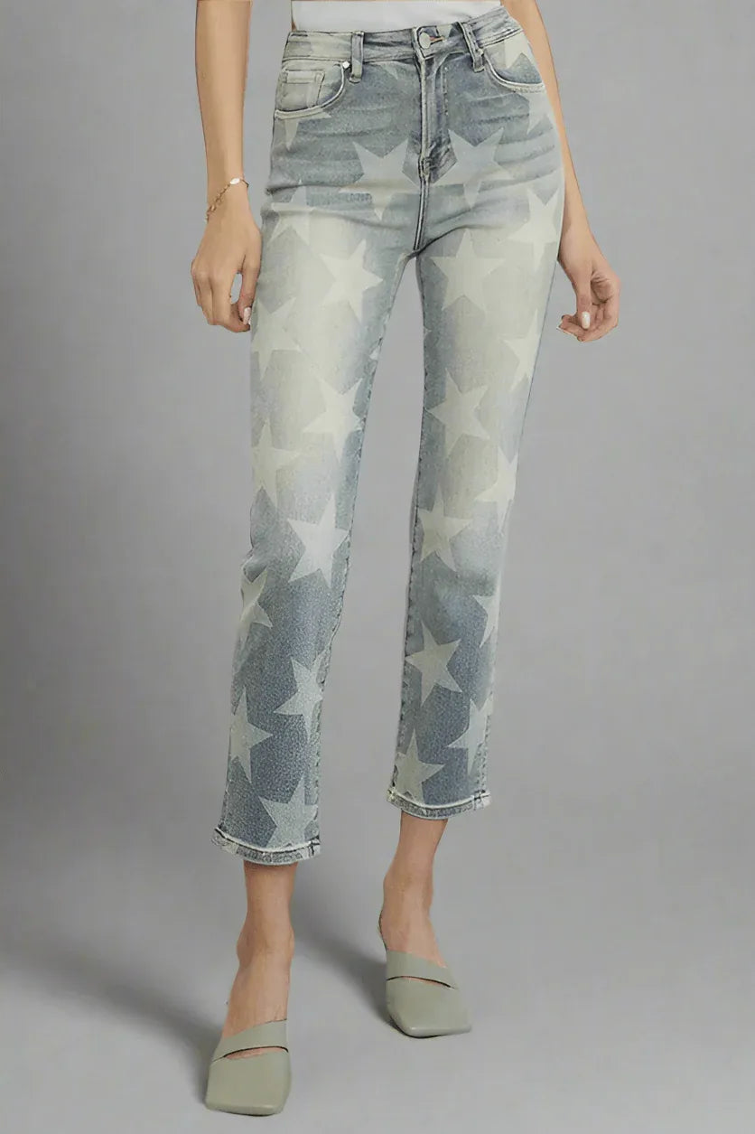 Insane Gene High Rise Star Print Cropped Girlfriend Jeans - DAVERRI FASHIONS