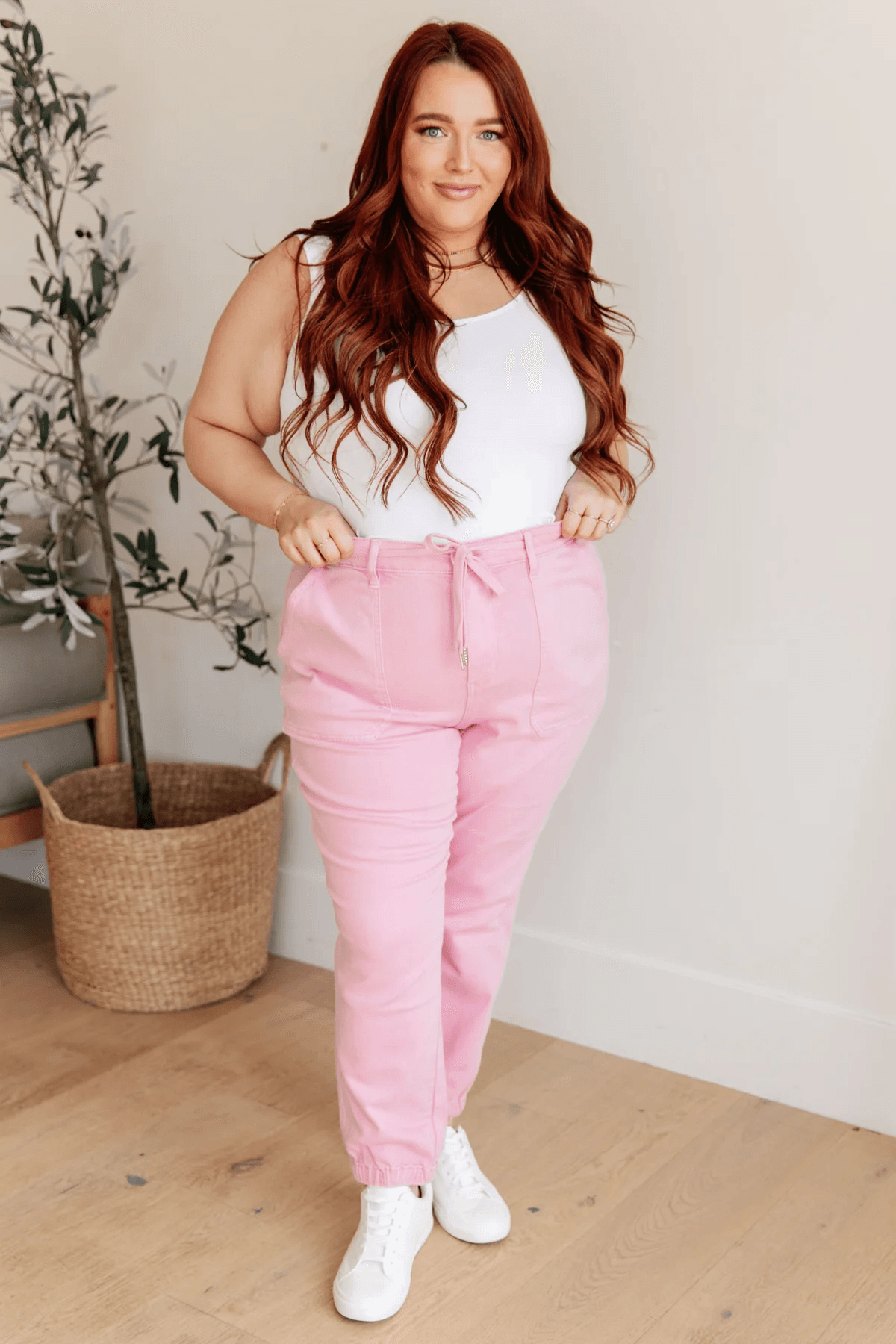 High Rise Pink Denim Joggers Jeans