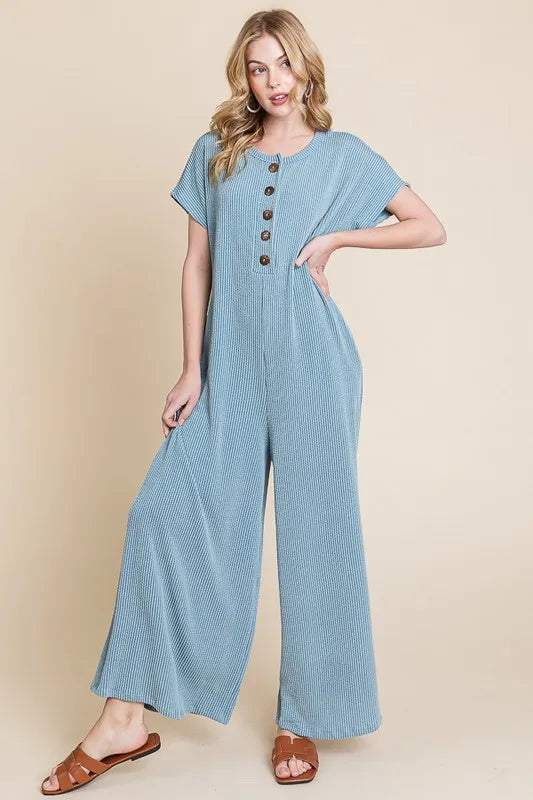 BOMBOM Rib Knit Jumpsuit with Button Detail DENIM Jumpsuits