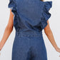 Denim Ruffled Zipped Front Belted Romper - DAVERRI FASHIONS