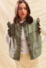 LT OLIVE BROWN SO ME Washed Denim Stitch Ruffled Hidden Button Vest Top | Daverri Fashions