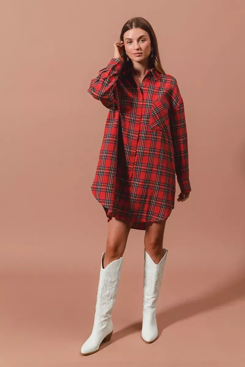 SO ME Christmas Checker Plaid Button Up Shirt Dress - DAVERRI FASHIONS