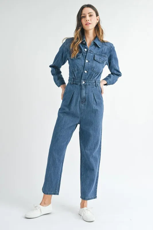 MABLE Cinched Waist Straight Leg Denim Jumpsuit Jumpsuits