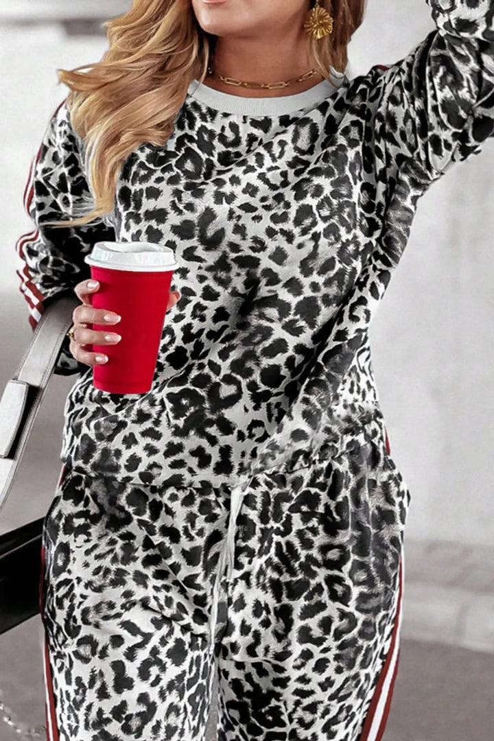 Plus Size Leopard Round Neck Top and Pants Set | Loungewear Sets Daverri Fashions