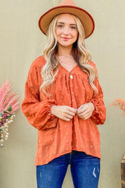 And The Why Swiss Dot V Neck Balloon Sleeve Woven Blouse | Daverri Fashions