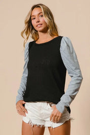 BiBi Cable Sweater Knit Top with Contrast Puff Sleeve | Knit Tops Daverri Fashions