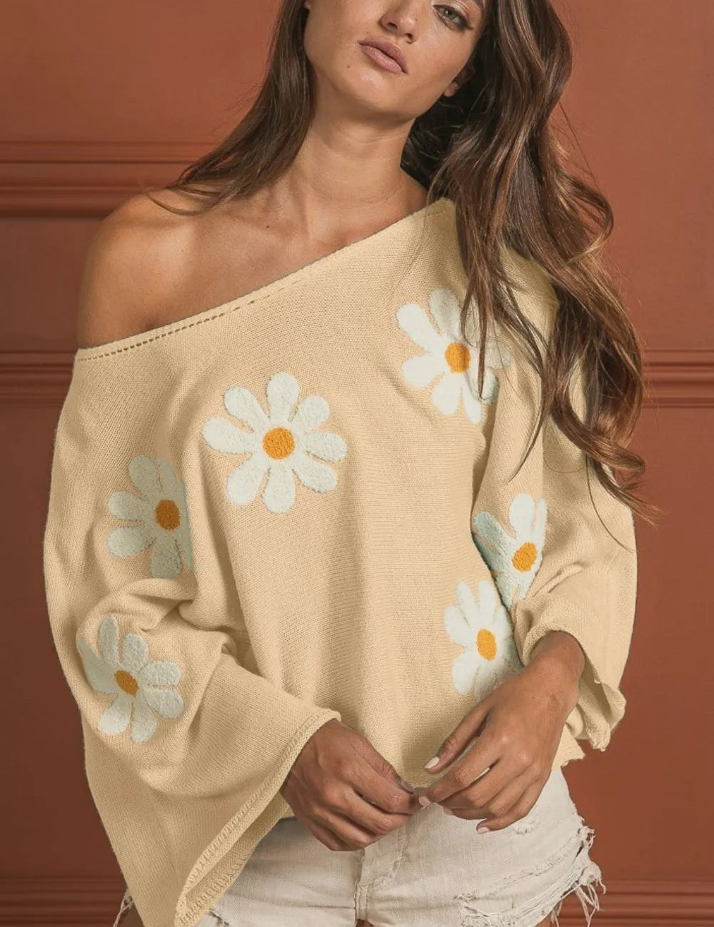 OATMEAL BiBi Flower Embroidery Loose Fit Knit Top | Tops Daverri Fashions