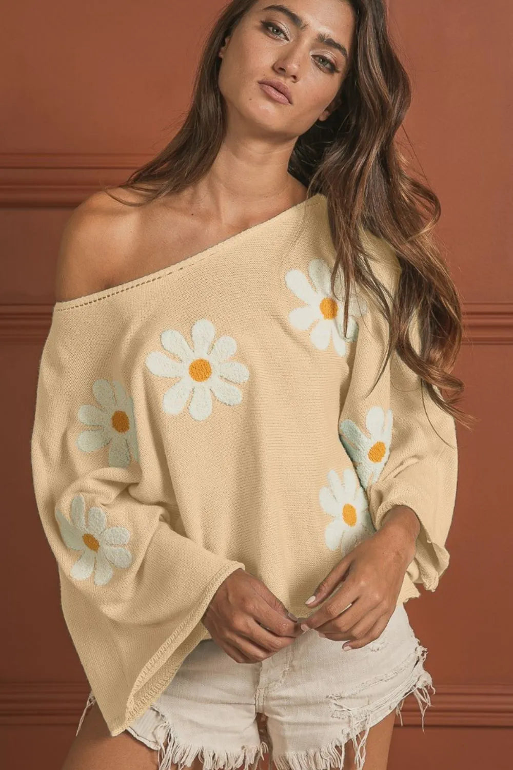 BiBi Flower Embroidery Loose Fit Knit Top OATMEAL Tops
