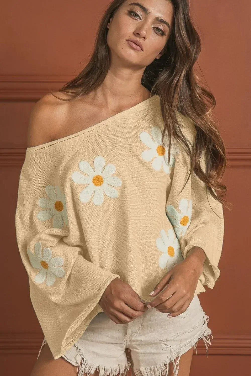 BiBi Flower Embroidery Loose Fit Knit Top - DAVERRI FASHIONS