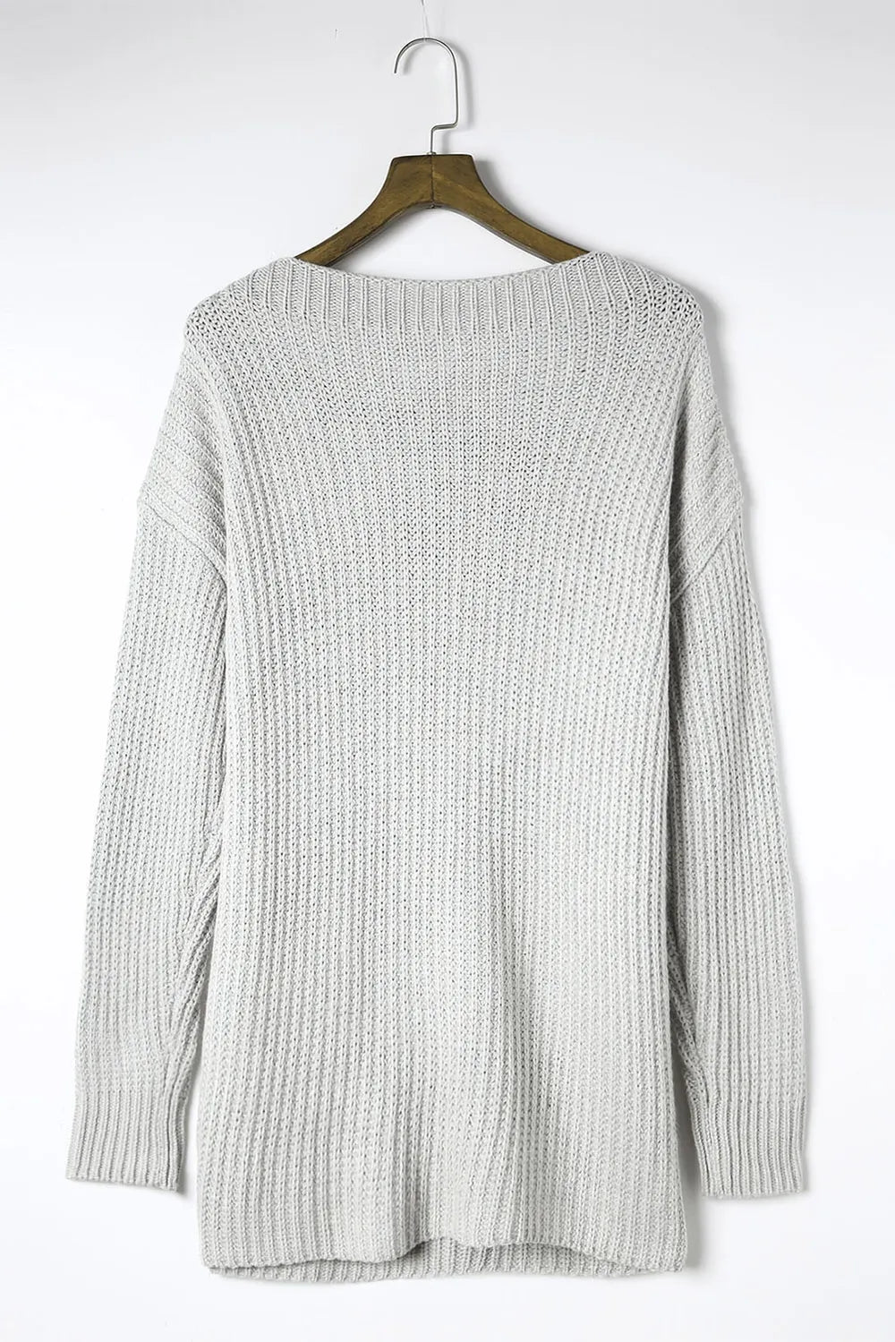 Light gray cable-knit relaxed-fit sweater with side slits and boat neck
