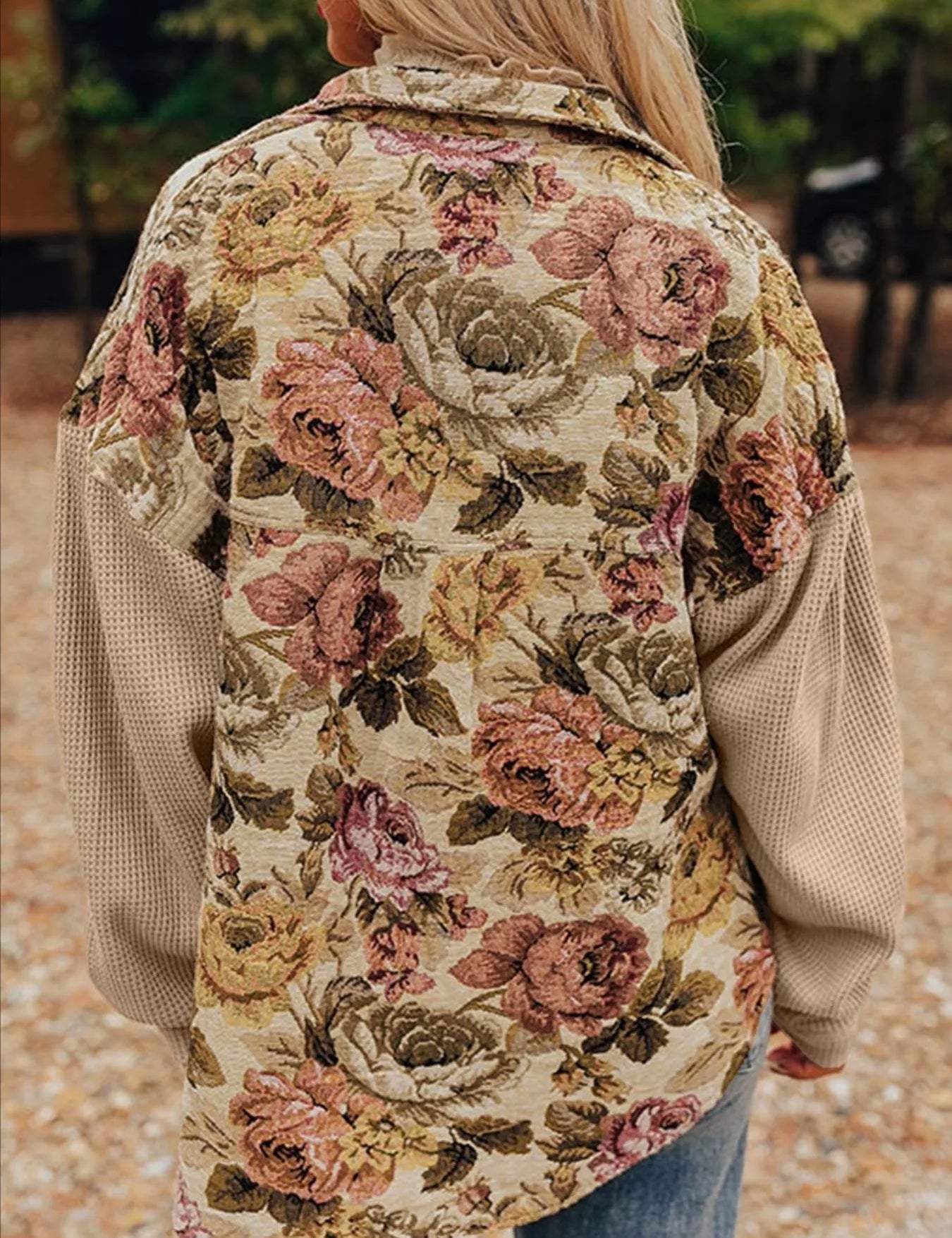 Floral Waffle Knit Patchwork Chest Pockets Buttoned Jacket | Jackets Daverri Fashions