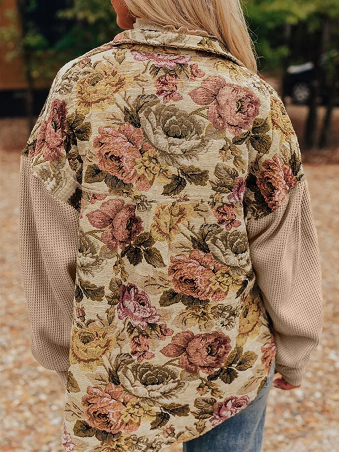 Floral Waffle Knit Patchwork Chest Pockets Buttoned Jacket | Jackets Daverri Fashions