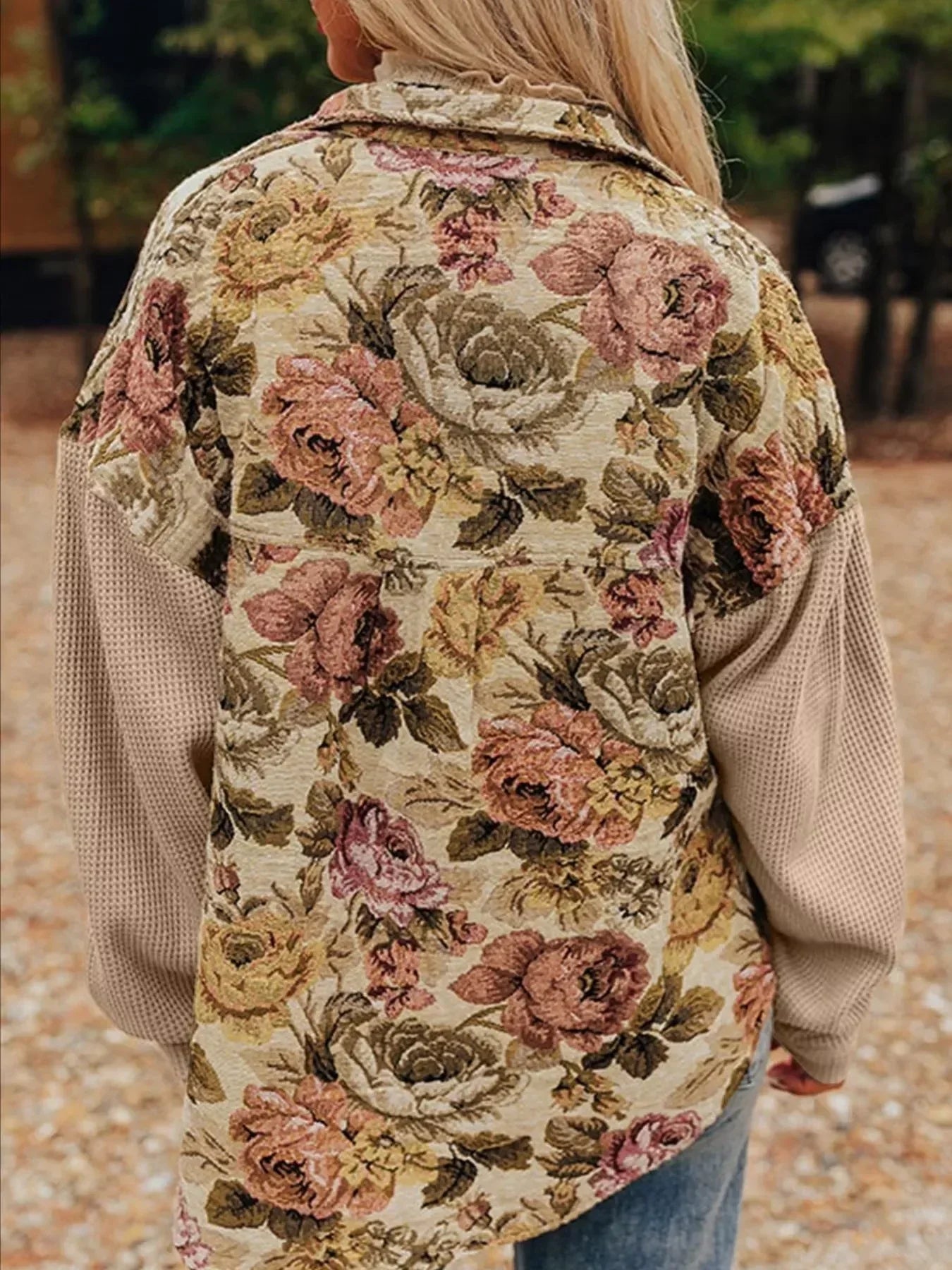 Floral Waffle Knit Patchwork Chest Pockets Buttoned Jacket - DAVERRI FASHIONS