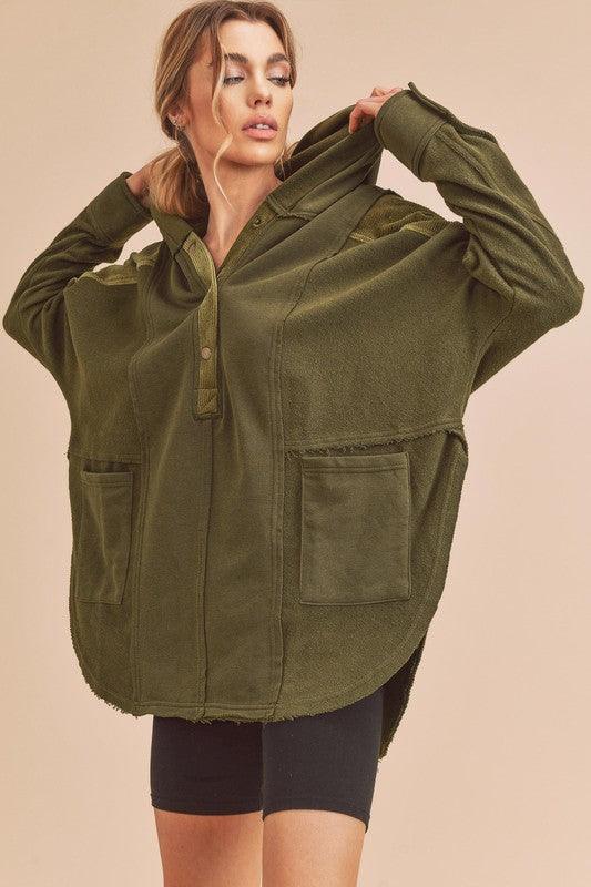 Raw Hem Oversized Hooded Pullover OLIVE S Jackets