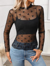 Black sheer floral mock neck long sleeve mesh top with butterfly pattern
