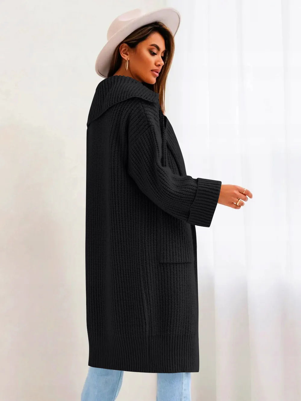 Pocketed Collared Neck Dropped Shoulder Cardigan | Cardigans Daverri Fashions