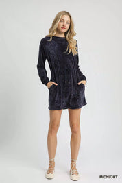 Umgee Velour Drawstring Mini Dress with Long Sleeves | Mini Dresses Daverri Fashions