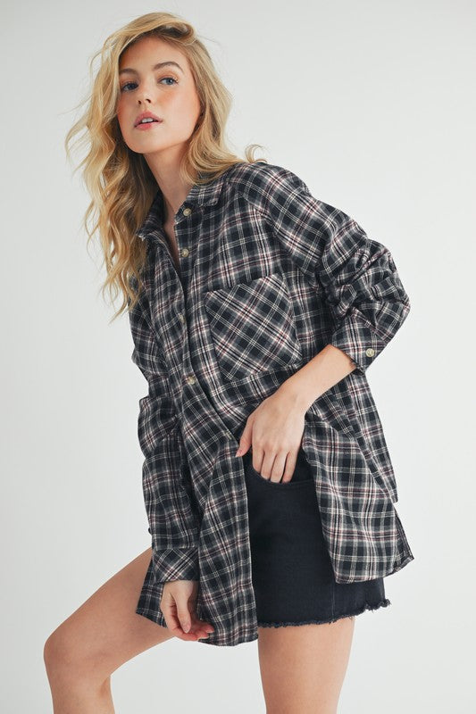 Aemi + Co Plaid Button Up Flannel Shirt with Chest Pocket