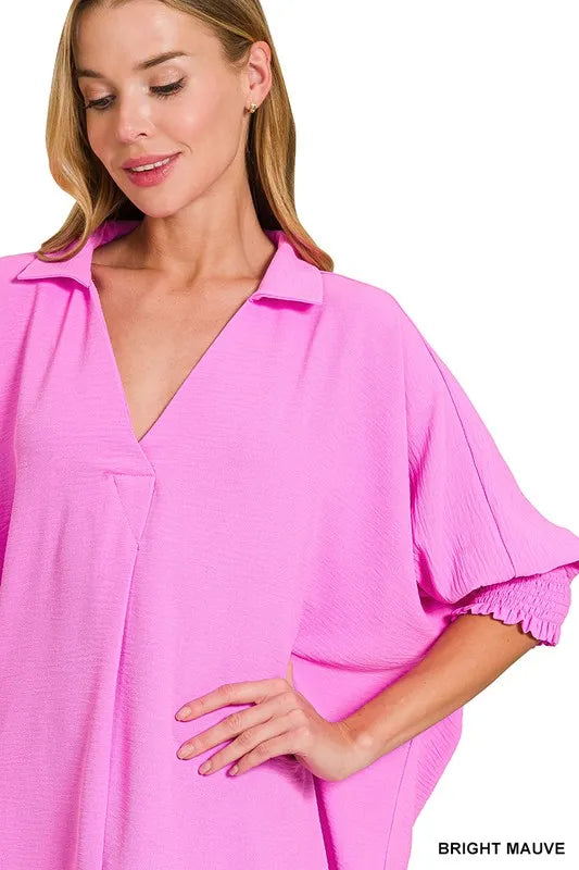 Zenana Airflow Collar Tee with Smocked Sleeve Band Top | Tops Daverri Fashions