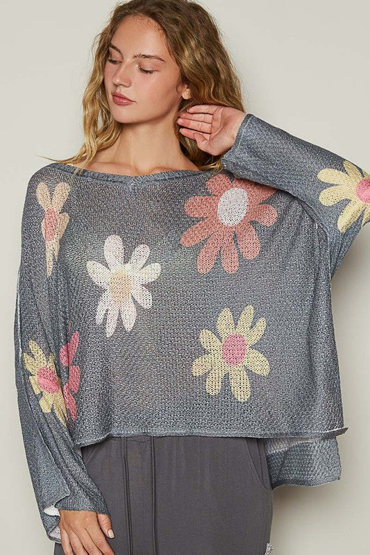 POL Flower Dropped Shoulder Long Sleeve Knit Top Tops