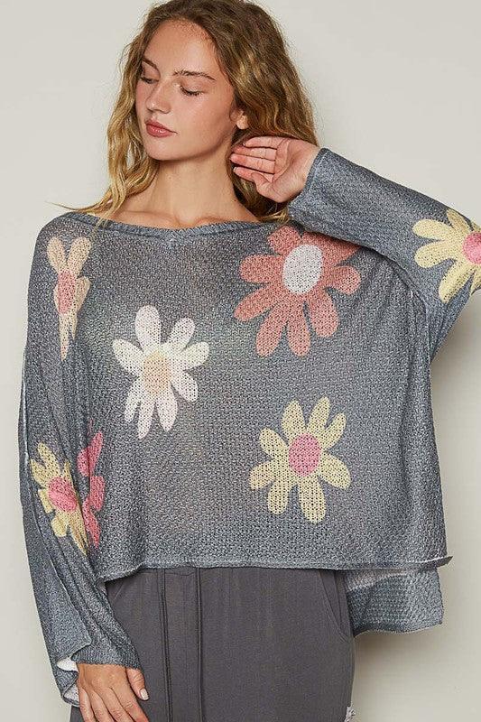 POL Flower Dropped Shoulder Long Sleeve Knit Top - DAVERRI FASHIONS