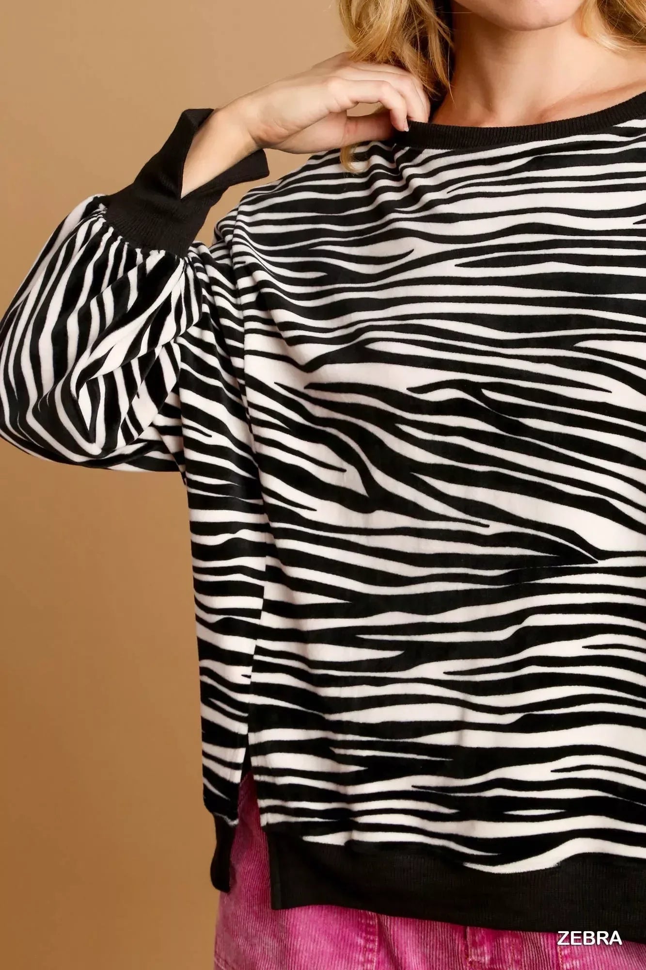 Umgee Zebra Striped Fleece Pullover Sweater Shirt - DAVERRI FASHIONS