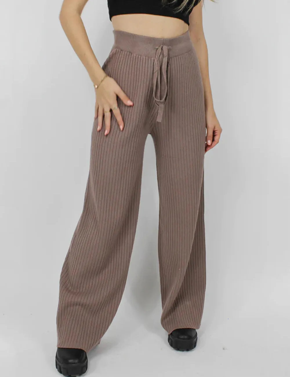 Taupe Ribbed Wide Leg Sweater Pants | Bottoms Daverri Fashions